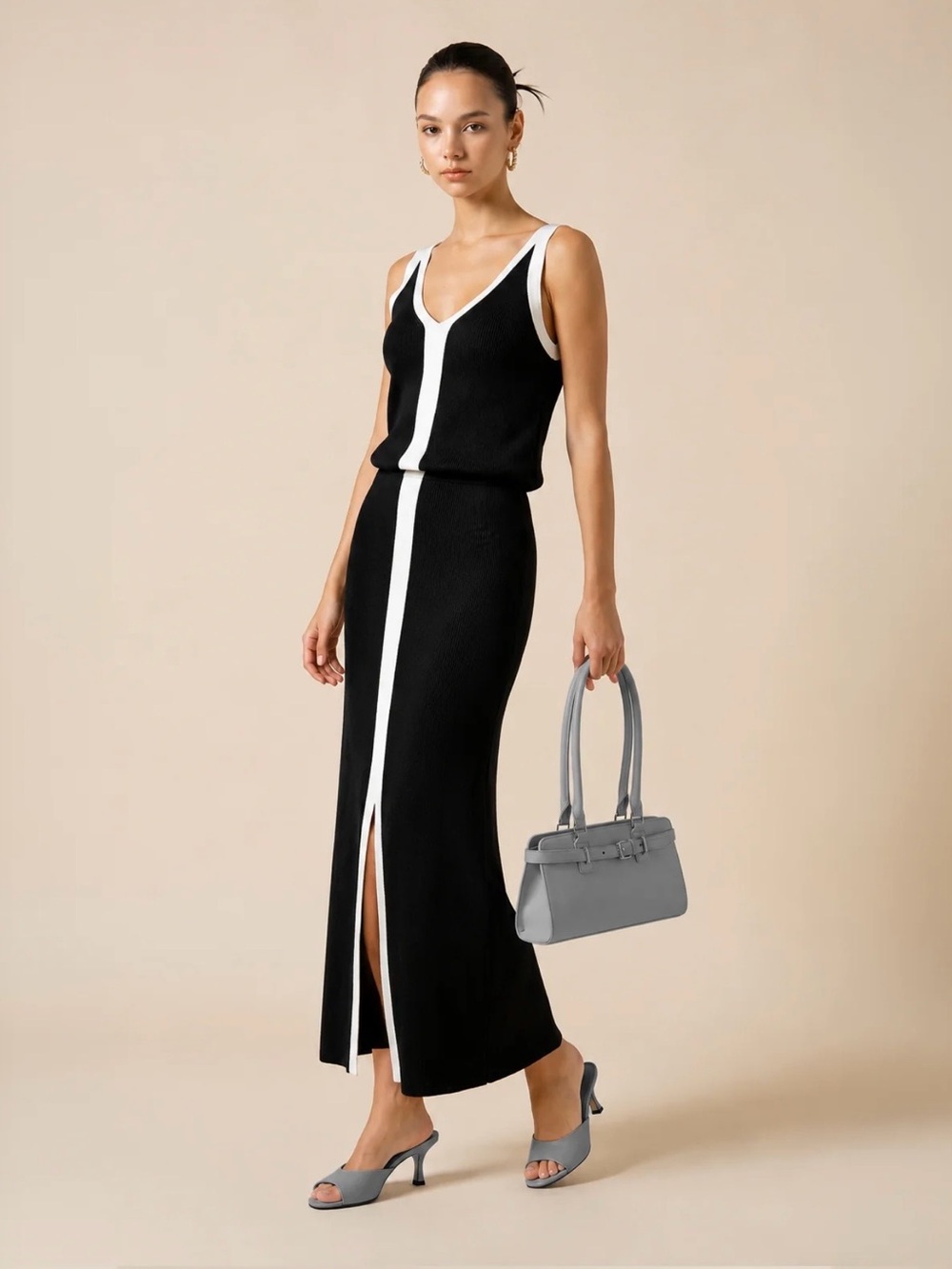 Commense Black Knit Maxi Dress with White Contrast Trim